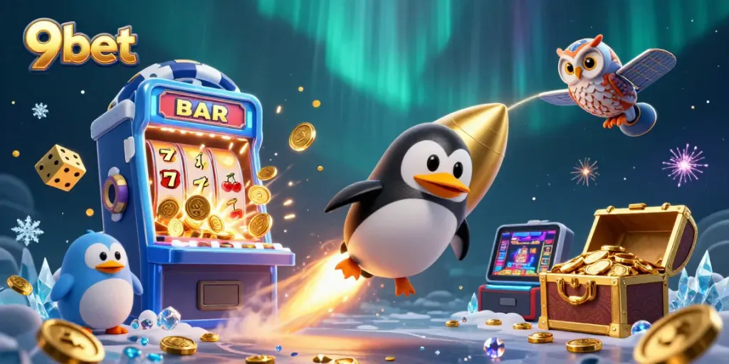 Experience the vibrant world of 9bet with a golden penguin blasting through space toward a casino station.