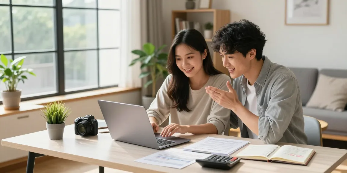 Couple simulating mortgage calculations with laptop, showcasing tools and sunlight-filled home office.