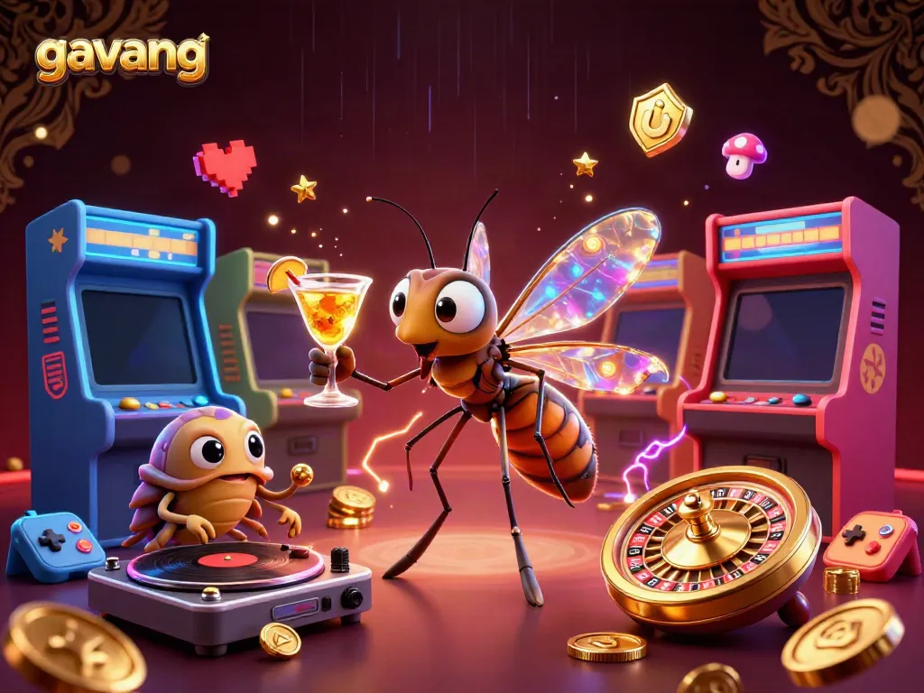 Gavang casino scene with a playful frozen-in-amber mosquito mascot and a trilobite DJ, highlighting gaming excitement.