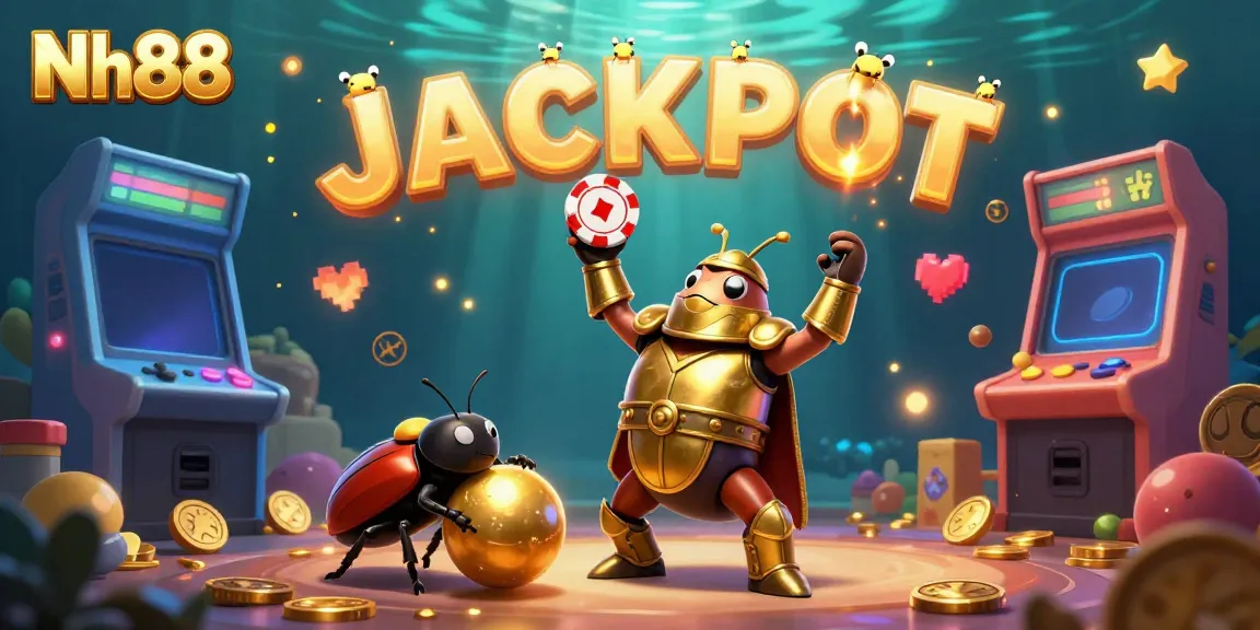 Engage with Nh88's vibrant 3D casino scene featuring a heroic beetle lifting a poker chip amidst an exciting jackpot backdrop.