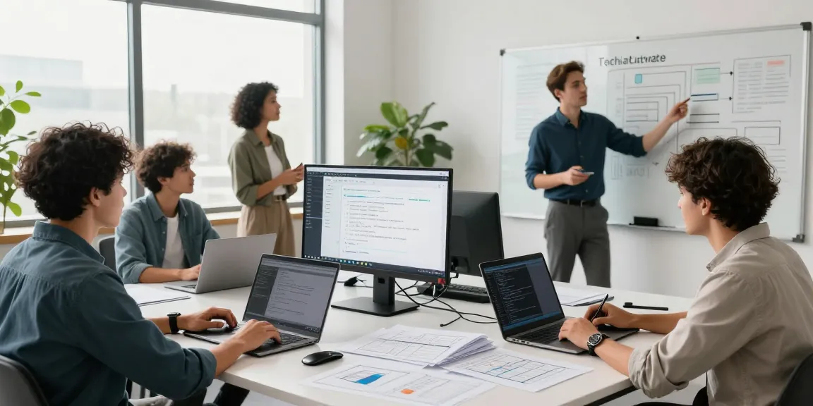 Build internal tools with AI by a collaborative team working on innovative software projects in a modern office space.