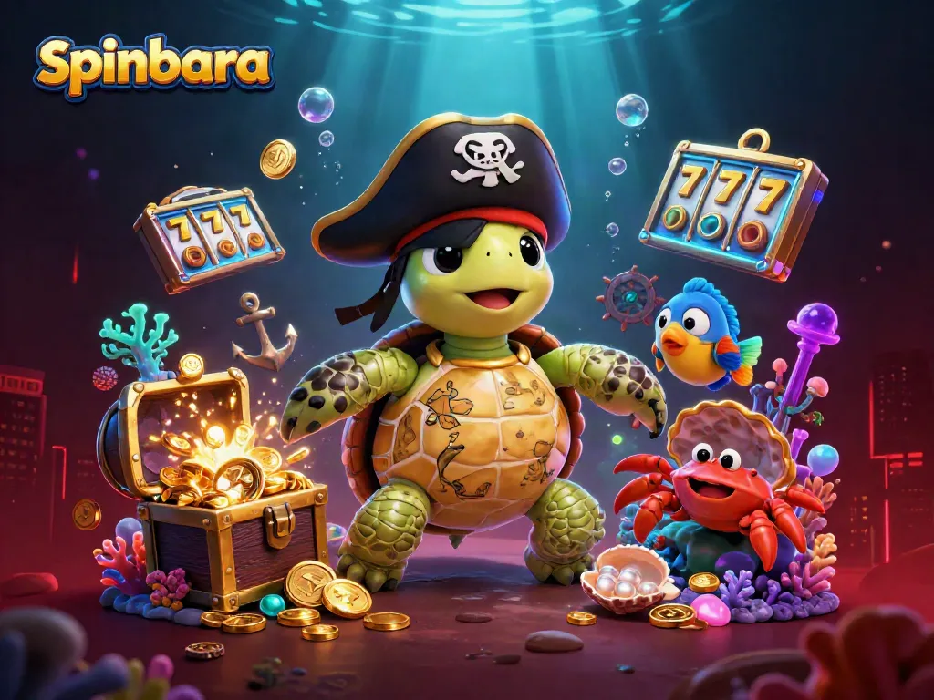 Spinbara casino showcases a vibrant underwater scene with engaging characters, celebrating gaming excitement amidst treasures.