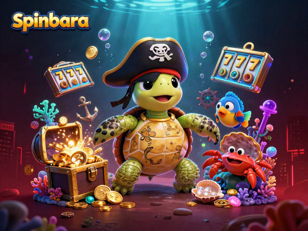 Spinbara casino showcases a vibrant underwater scene with engaging characters, celebrating gaming excitement amidst treasures.