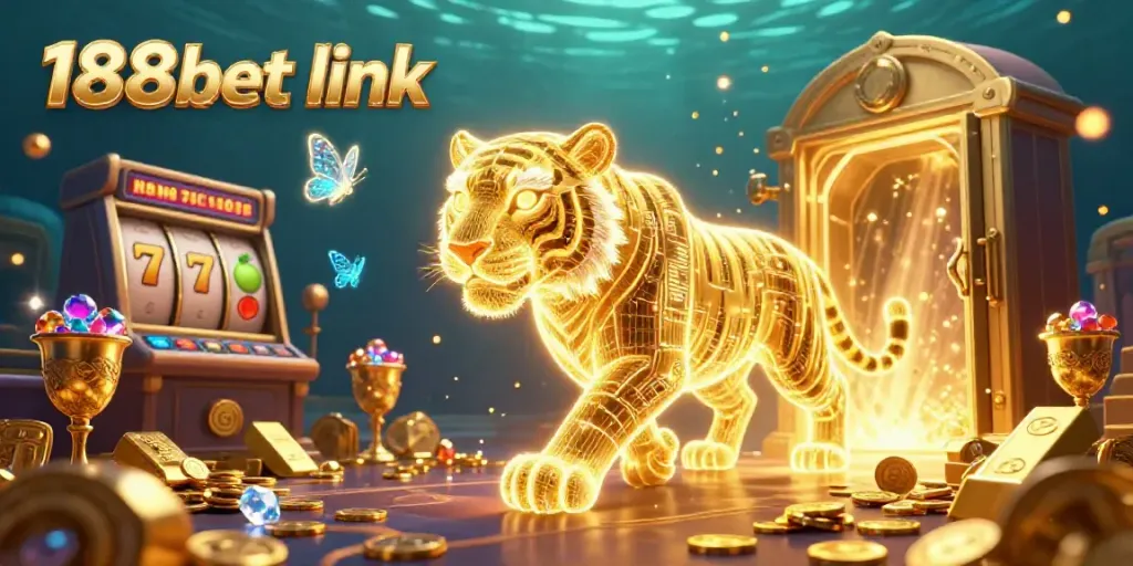 Engage with a vibrant digital casino scene featuring the 188bet link, surrounded by a neon tiger and sparkling prizes.