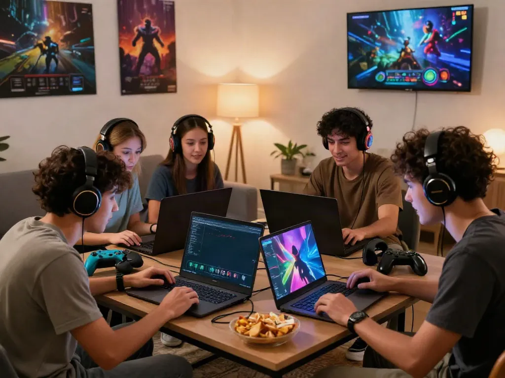 Group of friends enjoying a gaming session at home with laptops, reflecting the excitement of uk88 online gaming.