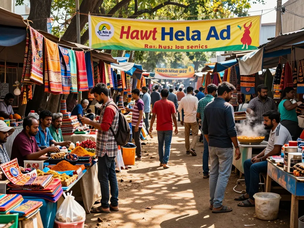 Vibrant Sri Lankan marketplace showcasing Hela Ad services with vendors, lively shoppers, and colorful goods.