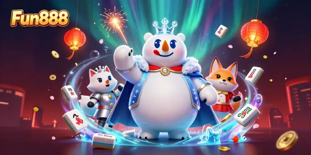Win big with Fun888 in an exhilarating online casino gaming scene featuring vibrant characters.
