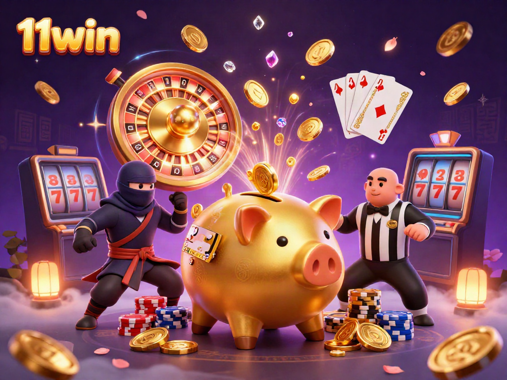 Experience thrilling wins at 11win with a dynamic illustration of vibrant casino elements.