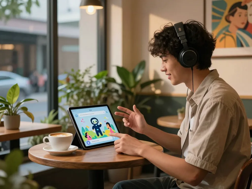 Engaging AI chat nsfw interaction in a cozy café setting, highlighting personalized digital dialogue.