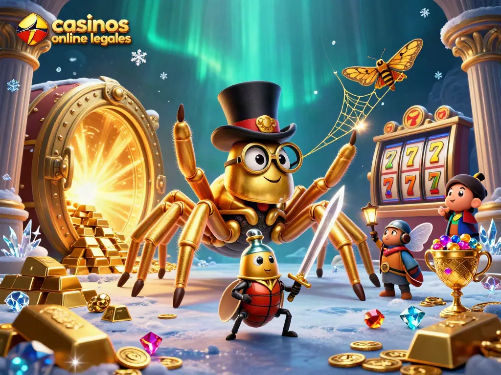 Disfruta de casinos online legales en una ilustración colorida con un tarántula dorada y un caballero valiente.