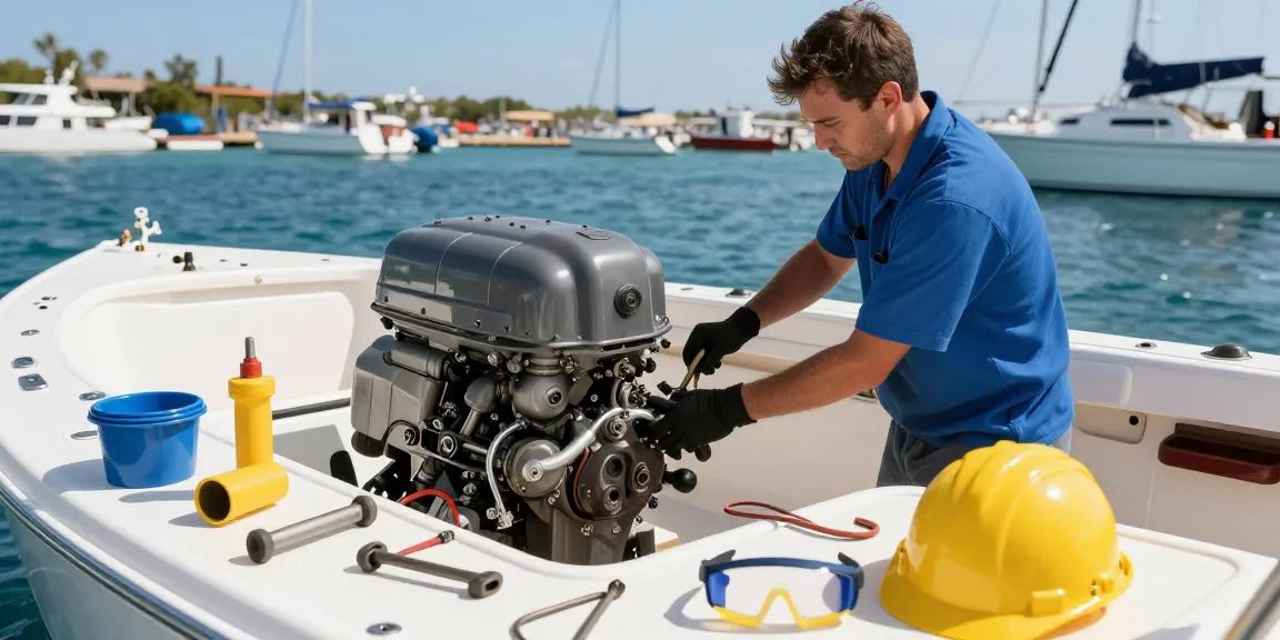 Mecánico naval cerca de mí realizando mantenimiento en motor de barco en un taller costero