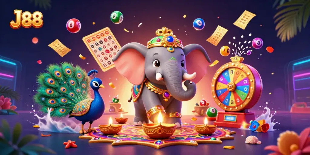 Experience the excitement of J 88 with dynamic lottery elements and vibrant casino visuals in a colorful scene.
