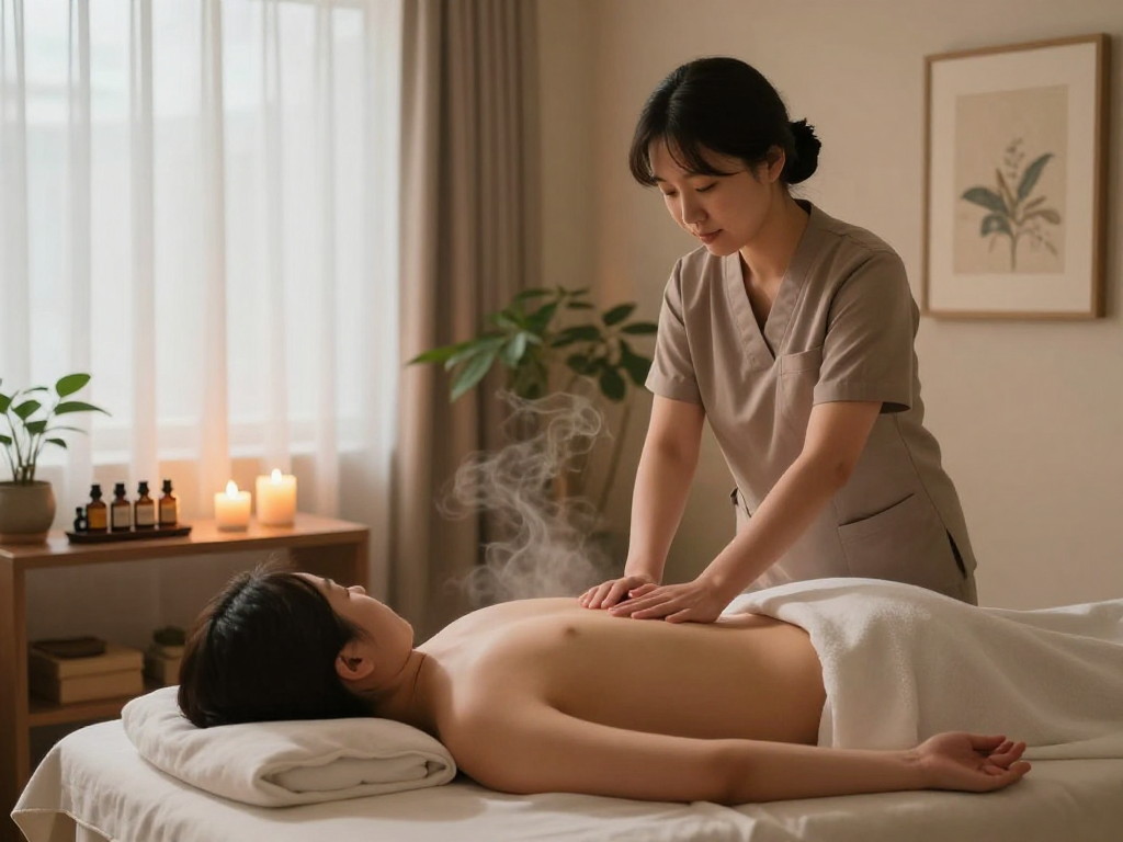 Enjoying a 서울출장마사지 in a calming massage studio with relaxing ambiance.
