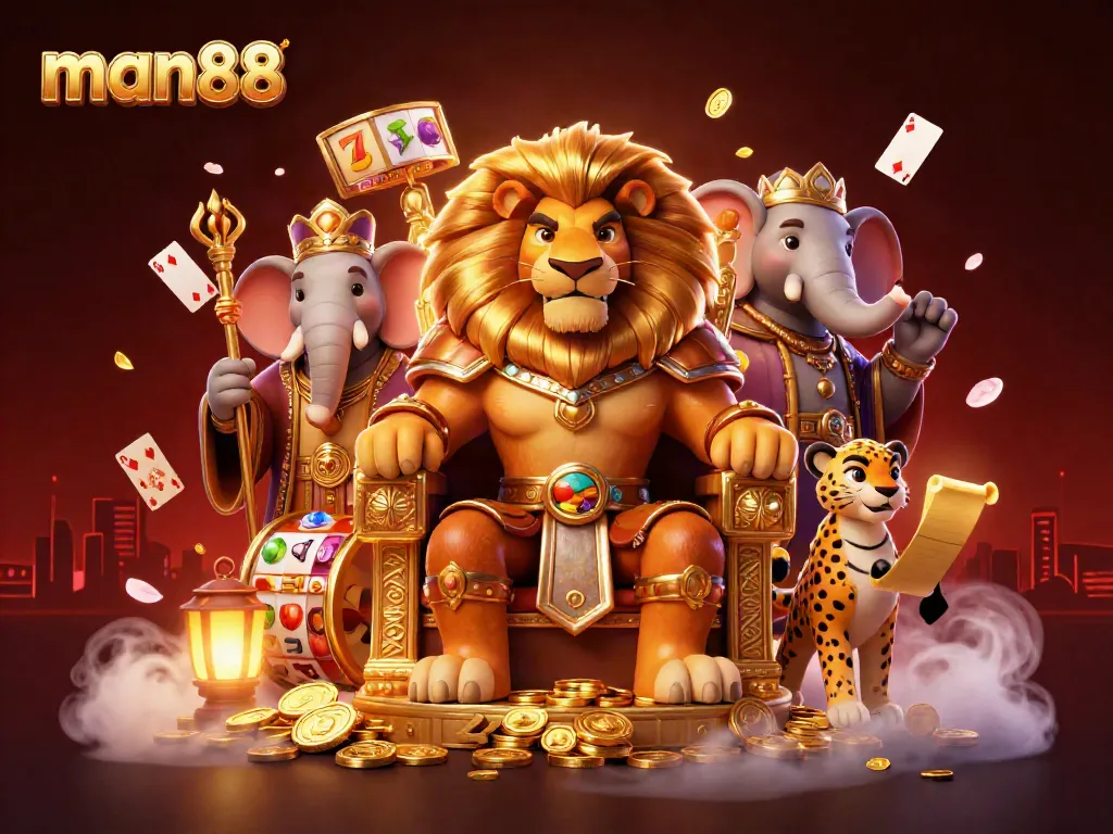 Experience thrilling gaming at Man88 with a vibrant casino scene featuring royal characters and slot games.