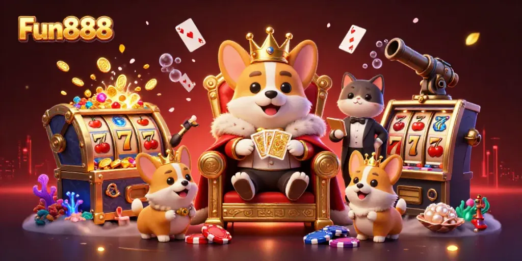 Experience the excitement of online gaming with Fun888, featuring royal corgis in a lavish casino setting.