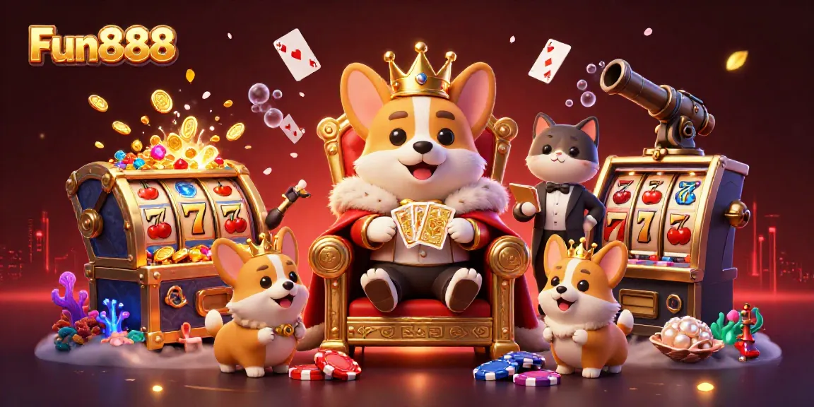 Experience the excitement of online gaming with Fun888, featuring royal corgis in a lavish casino setting.