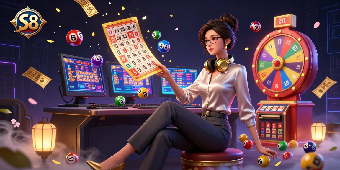 S8 casino games come to life with a vibrant scene featuring dynamic lottery elements and a professional gamer.