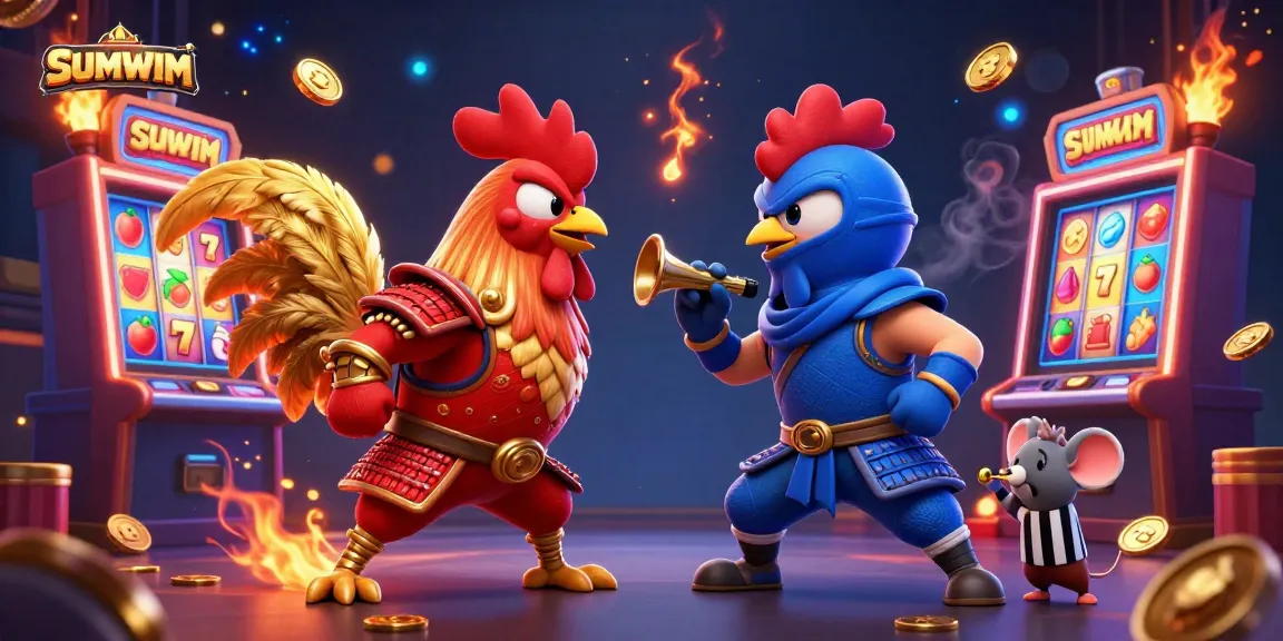 Experience the excitement of SUMWIM with fighting roosters in a dynamic casino scene featuring slot machines.
