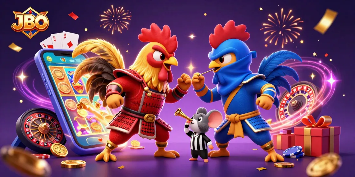 JBO showcases an intense standoff between cartoon roosters in a dynamic casino scene with vibrant game elements.