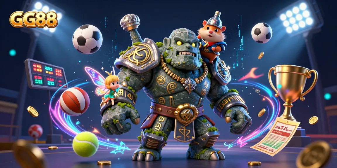 Experience the excitement of GG88 with a lively illustration showcasing magical characters and sports elements in a vibrant casino setting.