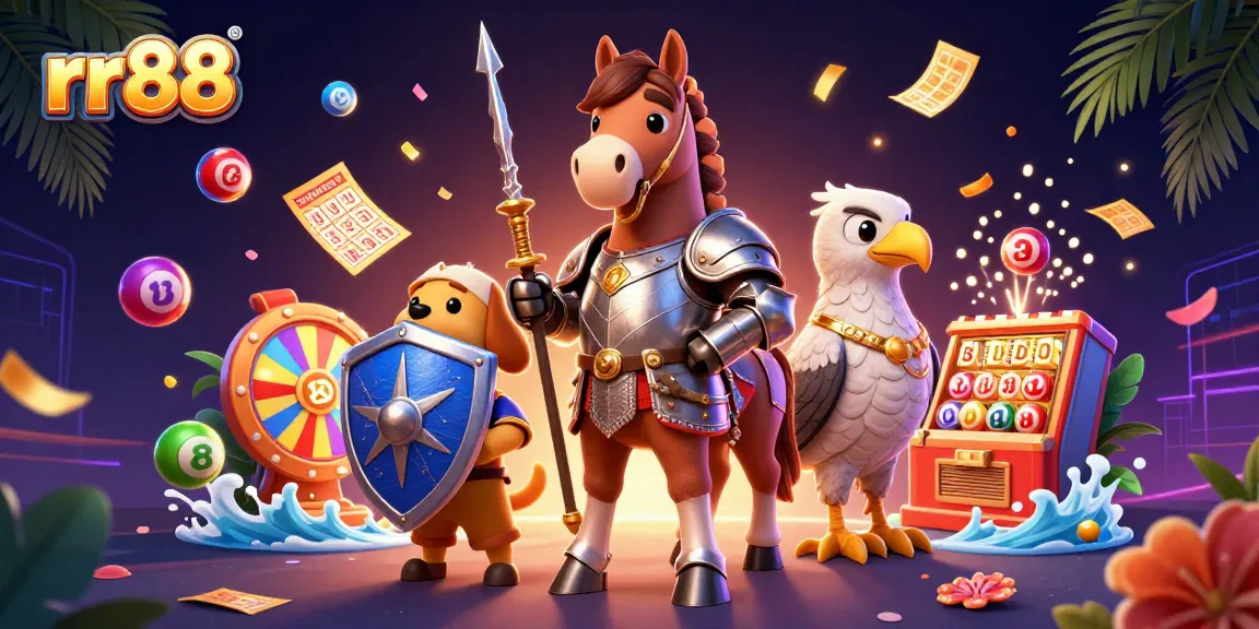 Experience exciting games at rr88 with a dynamic illustration of a knight and lively casino elements.