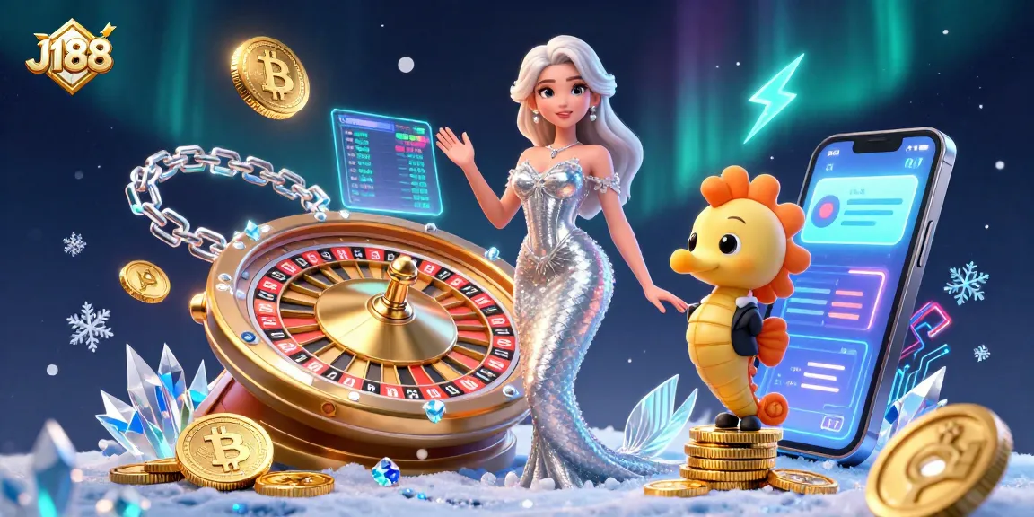 Experience thrilling moments at J188 with a glamorous casino scene showcasing roulette and crypto elements.