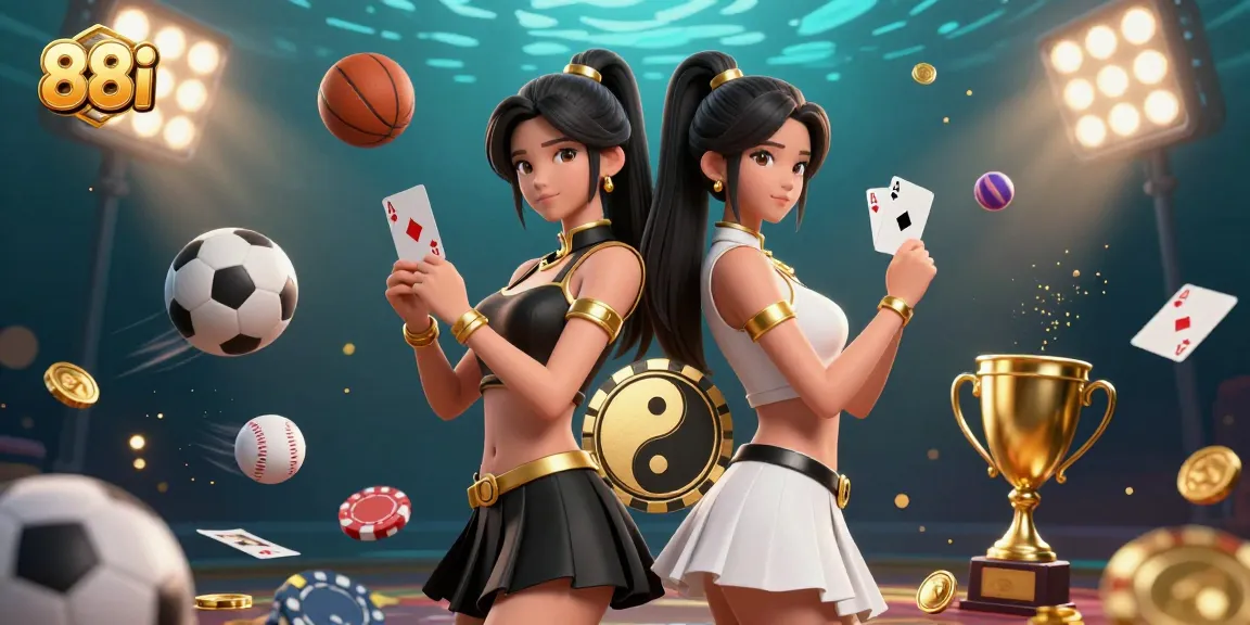 Win big with 88i in a vibrant casino-inspired scene featuring stunning twin Asian women with playing cards.
