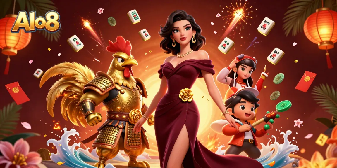 Alo8 captures the excitement of gambling with a glamorous woman and a golden rooster warrior surrounded by vivid casino elements.