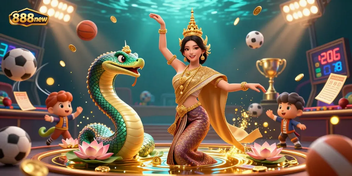 Experience thrilling gaming with 888new in this vibrant casino-themed illustration featuring dynamic sports elements.