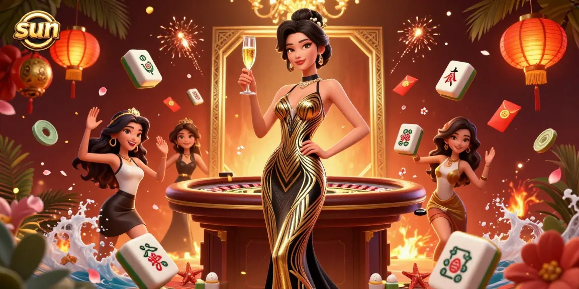 Experience the excitement of sun-themed gambling with vibrant casino elements in a glamorous setting.