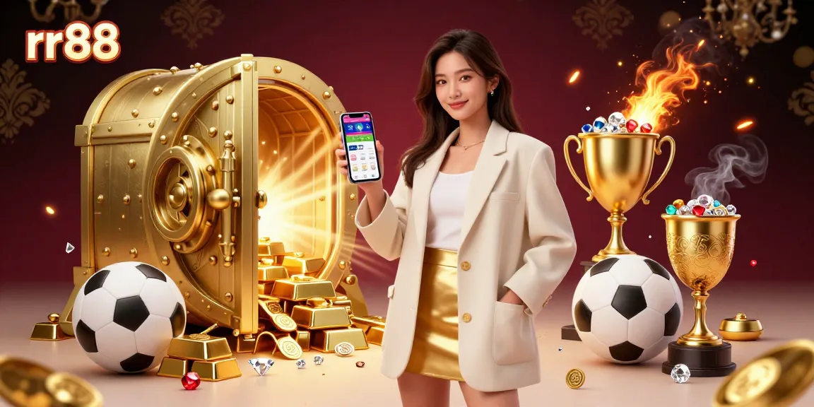 Experience betting excitement with rr88's lively sports app showcased by a stylish Asian woman in a dynamic casino atmosphere.