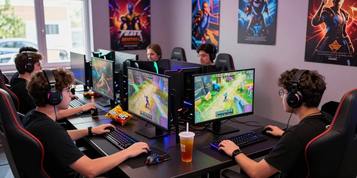Engaged gamers at vibrant online gaming lounge showcasing https://xx88.se.net/ gaming atmosphere with competitive spirit.