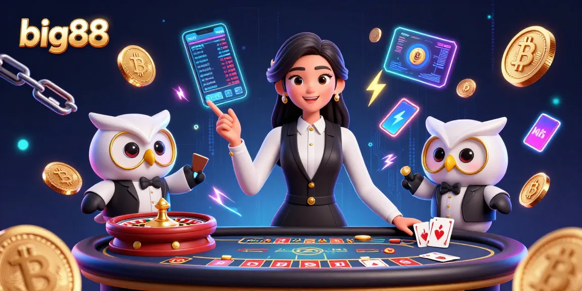 Experience big88 with a skilled dealer at a baccarat table, enhanced by crypto elements.