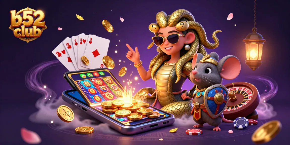 Bets soar at b52 club with cute Medusa and a warrior mouse surrounded by vibrant casino elements.