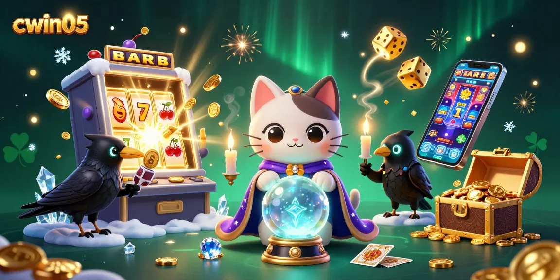 Experience thrilling wins with cwin05 at this vibrant casino-themed illustration featuring slot machines and mystical characters.