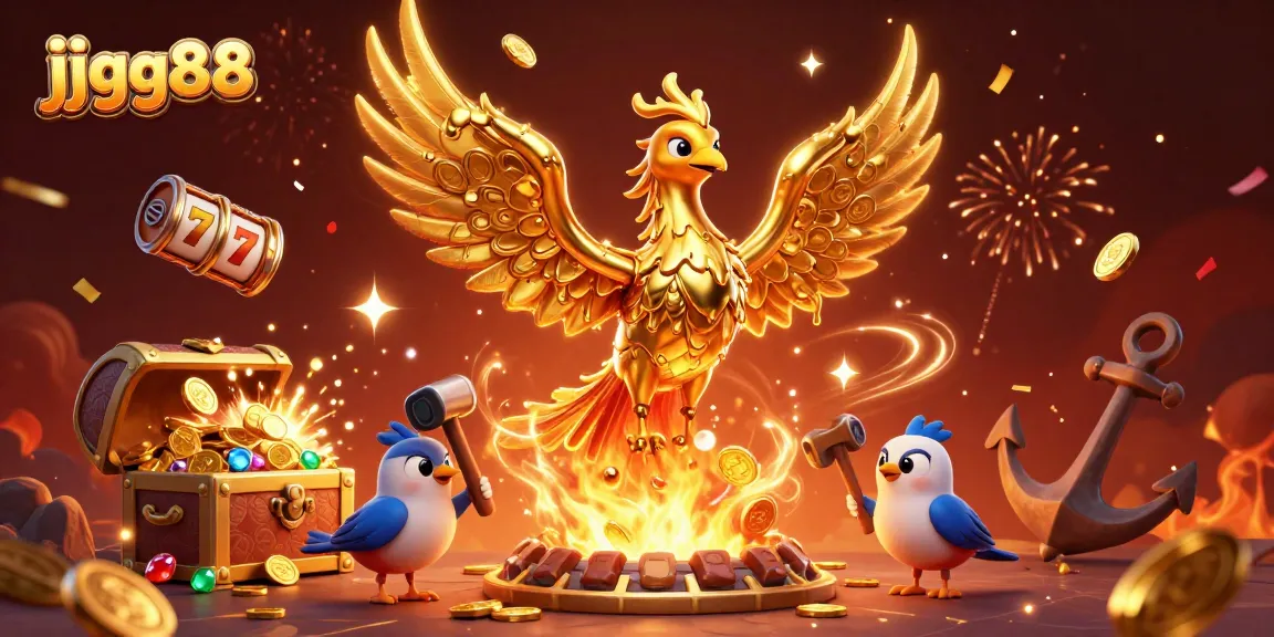 Witness the stunning jjgg88 golden phoenix soaring amidst bursting treasures, representing thrilling casino adventures.