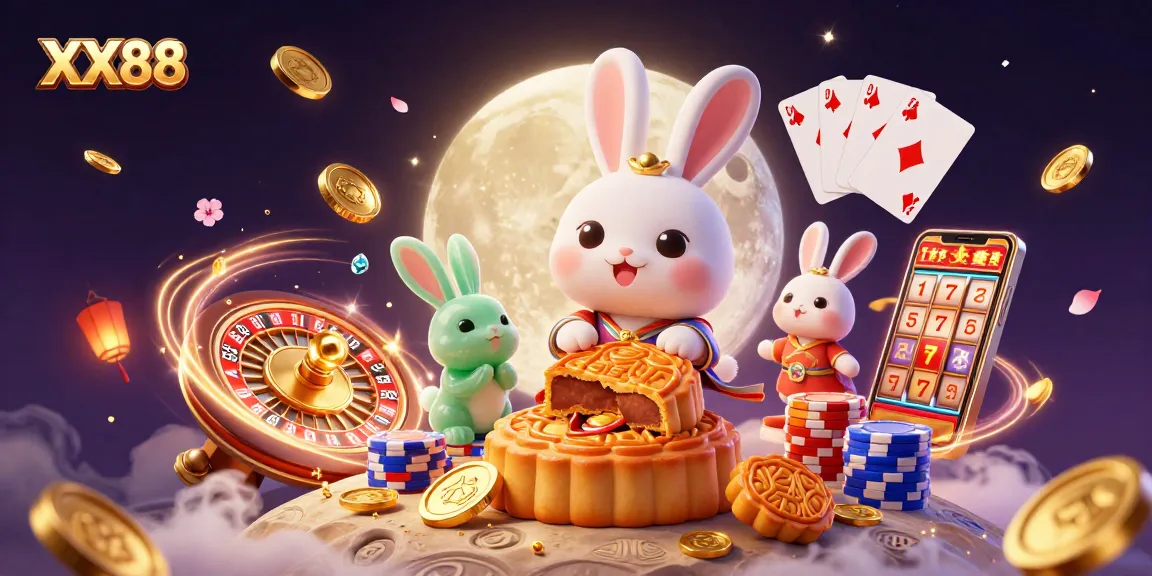 Experience winning at XX88 with a moon rabbit celebrating jackpots amid gold and vibrant casino elements.