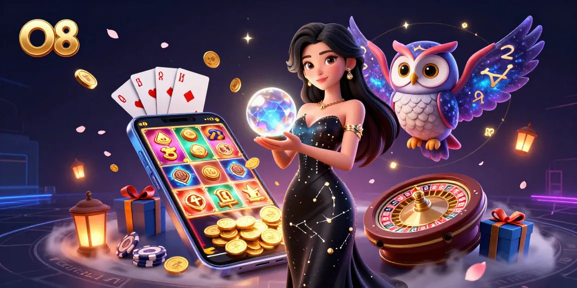 Experience thrilling gameplay at O8 with a mystical scene featuring vibrant slot games and engaging characters.