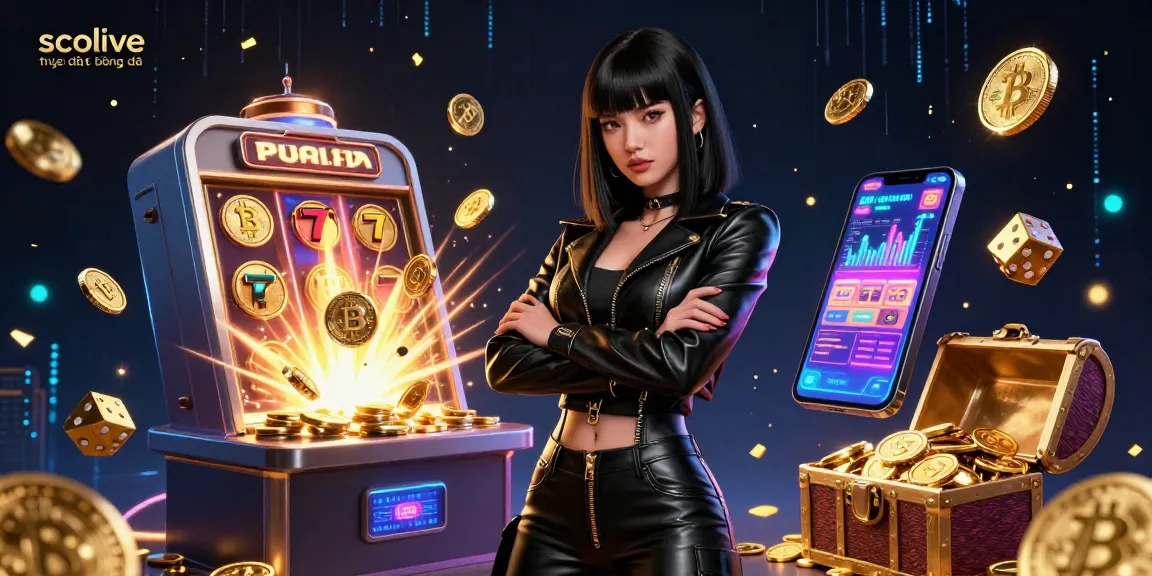 socolive trực tiếp bóng đá showcases a dynamic scene with a stunning character, slot machines, and vibrant casino elements.