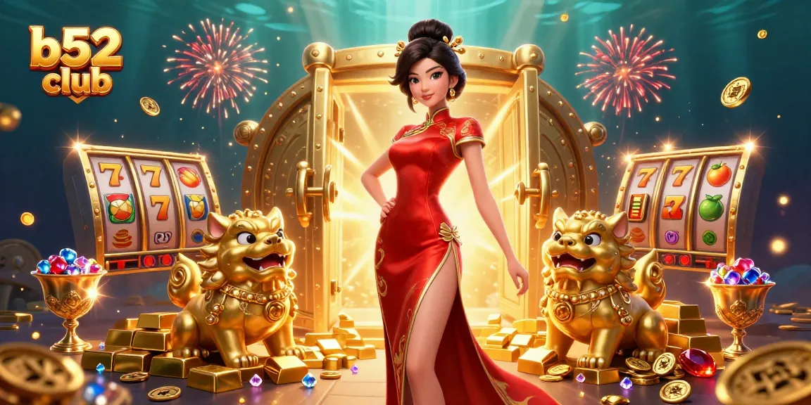 A glamorous woman at b52 club enjoys riches from jackpot games with gold and jewels, surrounded by lucky charms.