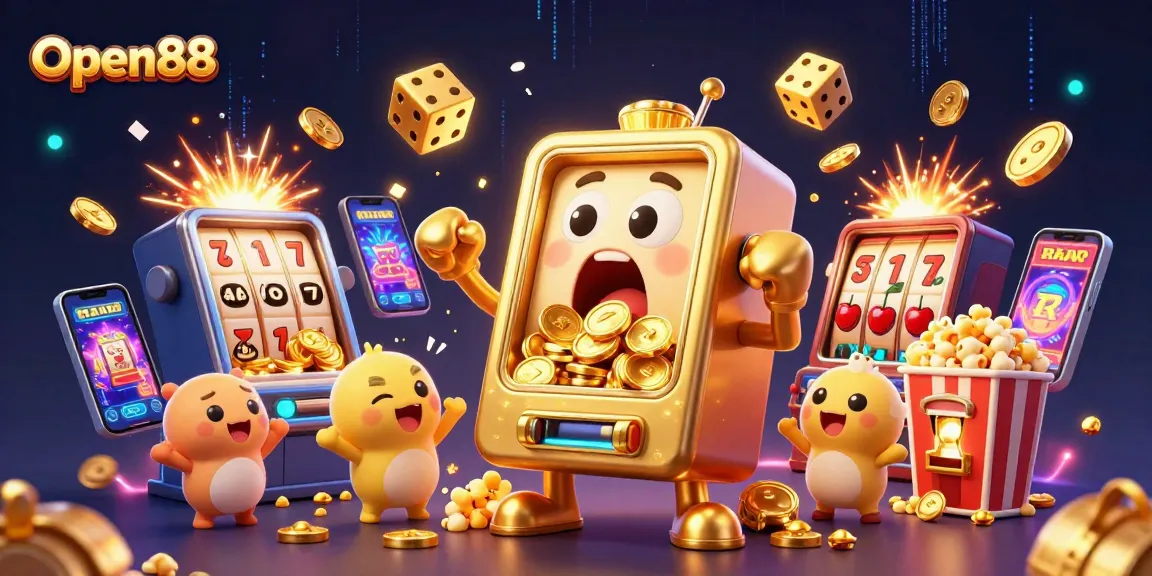 Experience the excitement of Open88 with a stunning jackpot scene bursting with coins and lively characters.