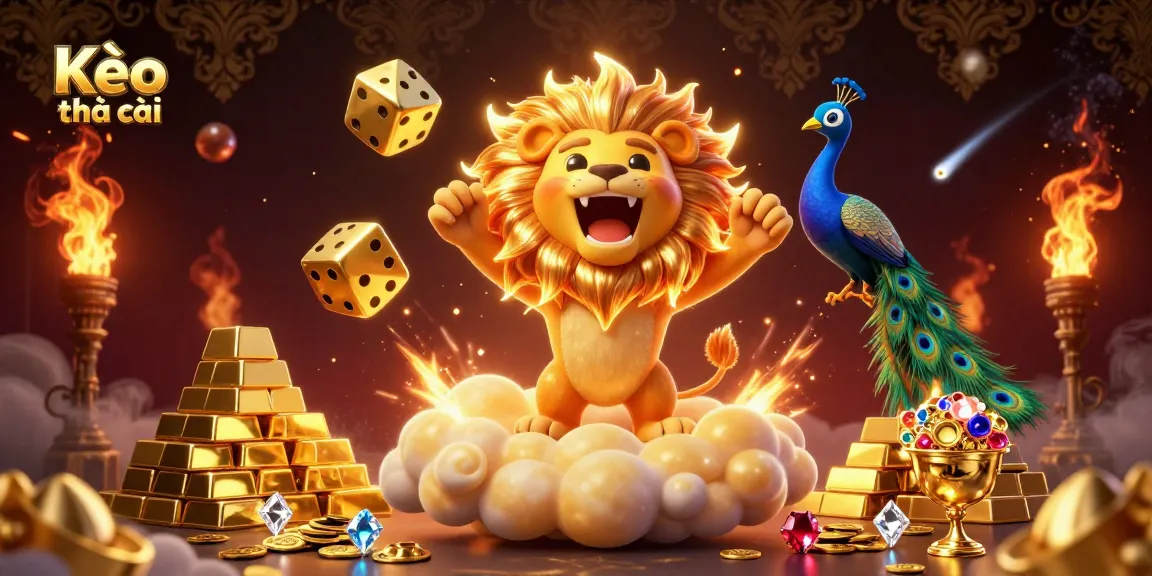 Kèo nhà cái showcases a roaring lion and dynamic gambling elements surrounded by treasures in a vibrant casino scene.