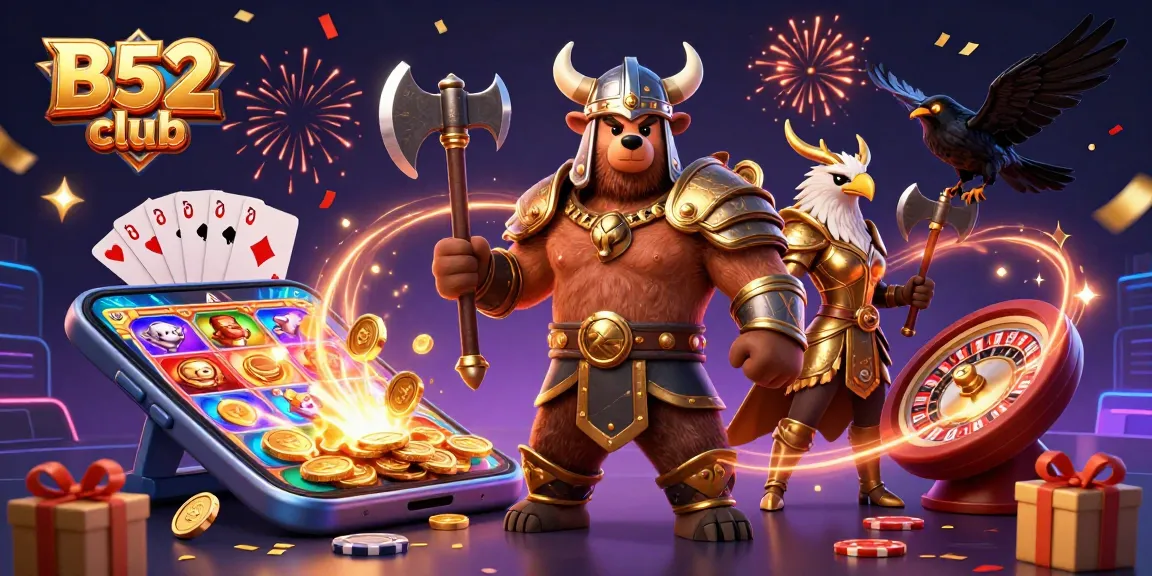 B52 club's engaging 3D casino scene with a Viking bear and Valkyrie eagle enjoying dynamic slot gaming.