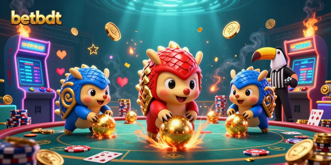Compete with betbdt in this exciting 3D gaming scene featuring animated pangolins bowling poker chips.