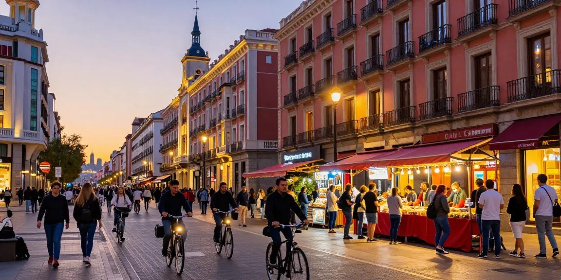 Escena vibrante de Noticias de Madrid con personas caminando y vendiendo en una calle iluminada al atardecer.