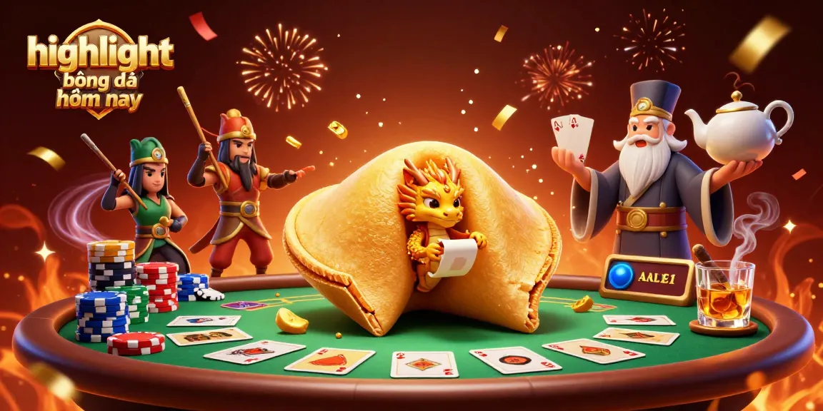 Engage in highlight bóng đá hôm nay with a festive casino scene featuring a golden fortune cookie and dynamic poker elements.