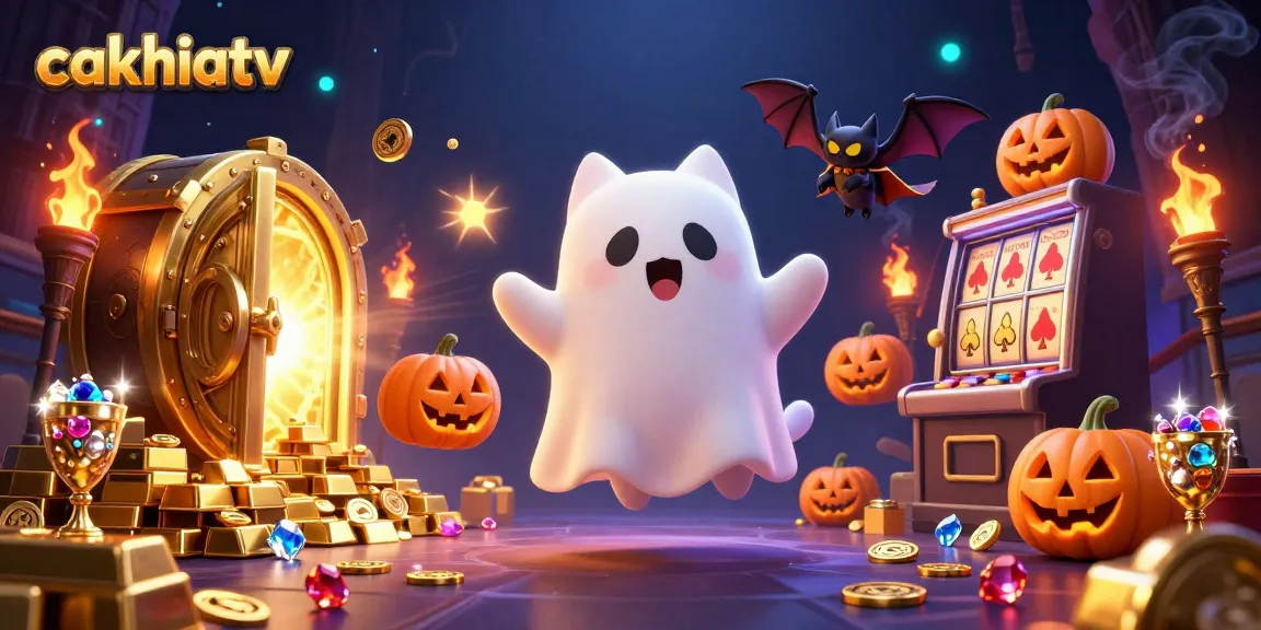 Experience thrilling gaming with cakhiatv as friendly ghost cat navigates a haunted casino scene.