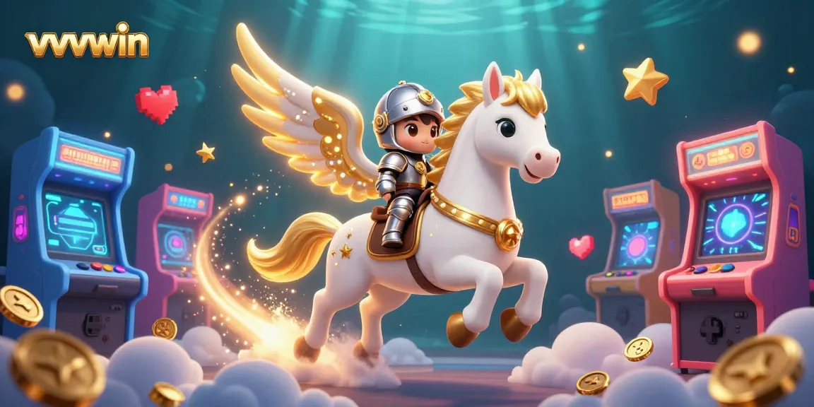 Experience thrilling actions with vvvwin gaming as a celestial horse and knight soar through a vibrant casino landscape.
