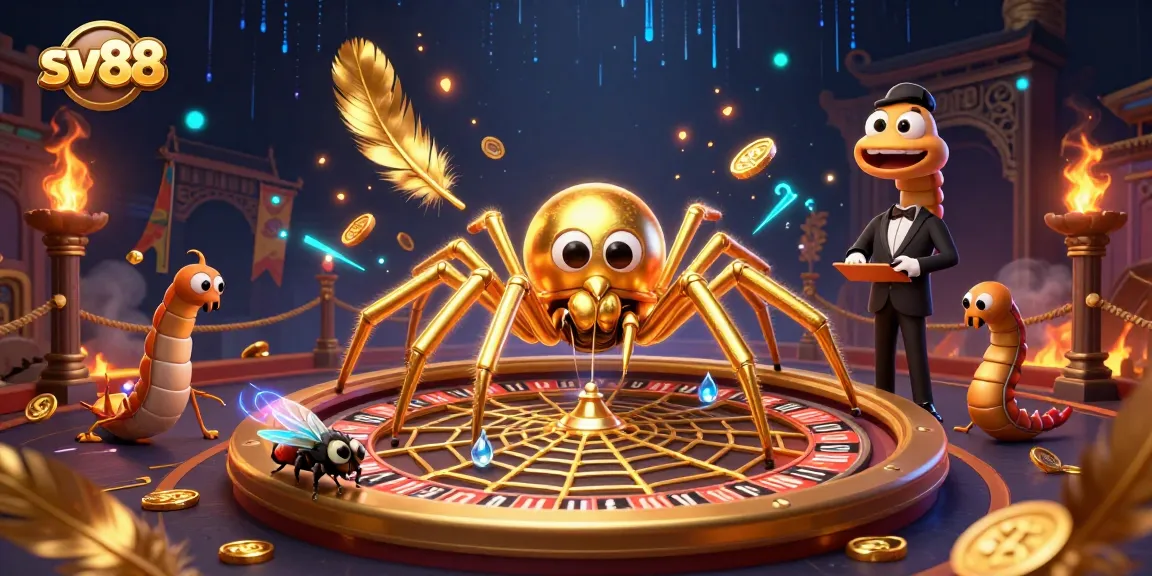 Engage with sv88's vibrant casino atmosphere featuring a golden spider at a roulette wheel.