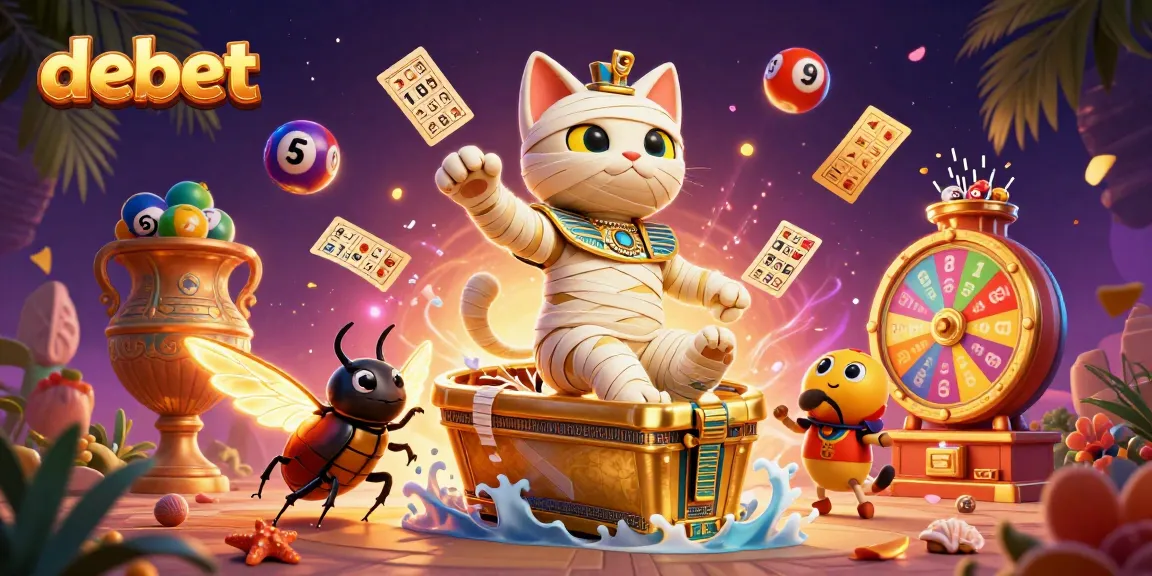 Experience the excitement of debet with an Egyptian mummy cat in a vibrant casino atmosphere.